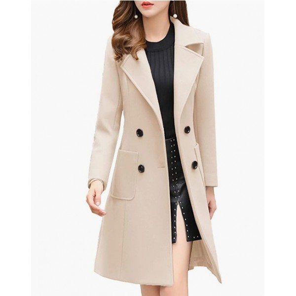 Cream White Women Winter Wool Blend Camel Mid-Long Coat Notch Double-Breasted Lapel Jacket Outwear Cream White Women Winter Wool Blend Camel Mid-Long Coat Notch Double-Breasted Lapel Jacket Outwear