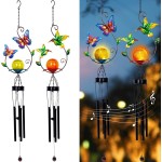 TONULAX 2 Pack Solar Outdoor Wind Chimes, Metal Butterfly & Hummingbird Wind Chime with Warm White LED Globe Glass, Mobile Hanging Decorative Patio Lights for Yard Garden, Gifts for Mom Women Wife 