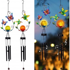 TONULAX 2 Pack Solar Outdoor Wind Chimes, Metal Butterfly & Hummingbird Wind Chime with Warm White LED Globe Glass, Mobile Hanging Decorative Patio Lights for Yard Garden, Gifts for Mom Women Wife 