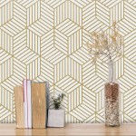 ART 3D Gold and White Geometric Wallpaper Peel and Stick Wallpaper Boho Hexagon Removable Self Adhesive Wallpaper Gold Stripes Contact Paper Geometric Vinyl Film Decorative Shelf Drawer Waterproof 17.7”×118”