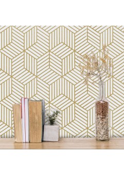 ART 3D Gold and White Geometric Wallpaper Peel and Stick Wallpaper Boho Hexagon Removable Self Adhesive Wallpaper Gold Stripes Contact Paper Geometric Vinyl Film Decorative Shelf Drawer Waterproof 17.7”×118”
